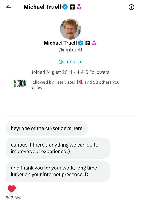 A Twitter conversation between Michael Truell and a user discussing improvements for Cursor.