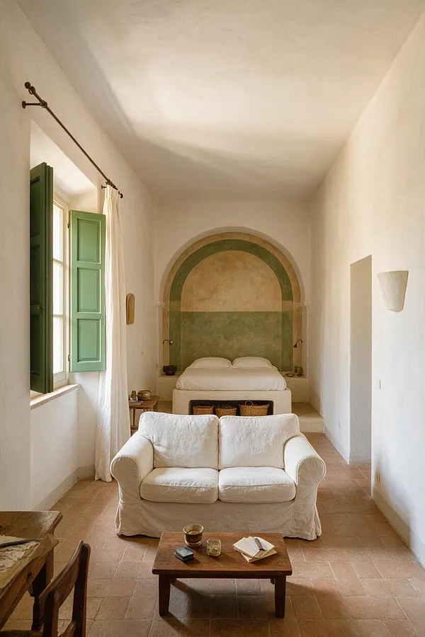 A narrow Mediterranean-style studio apartment with white plaster walls, terracotta tile flooring, and a soft cream sofa in the foreground. At the back, a bed sits within a painted arched alcove with green and beige tones, while a green-shuttered window and sheer curtain bring in natural light from the left.