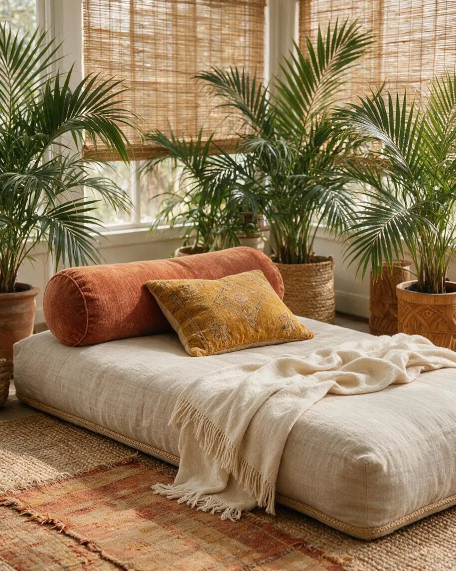 A cozy bohemian-style floor daybed sits in a bright room surrounded by tall potted palm plants. It has a cream linen cushion, a rust cylindrical bolster, a mustard patterned pillow, and a soft ivory throw, with woven blinds and layered natural rugs adding warmth.