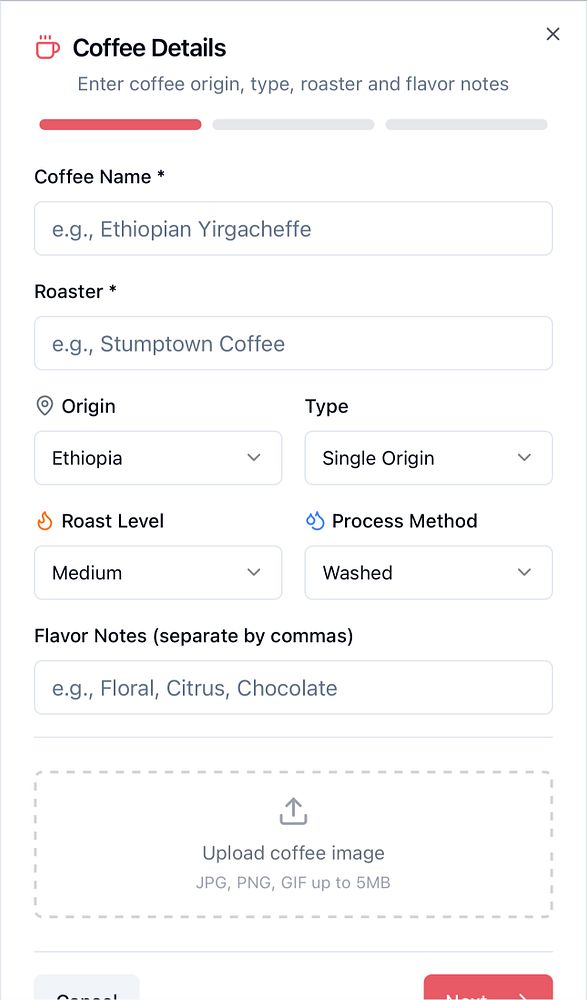 The image displays a user interface for entering coffee details in a structured format.