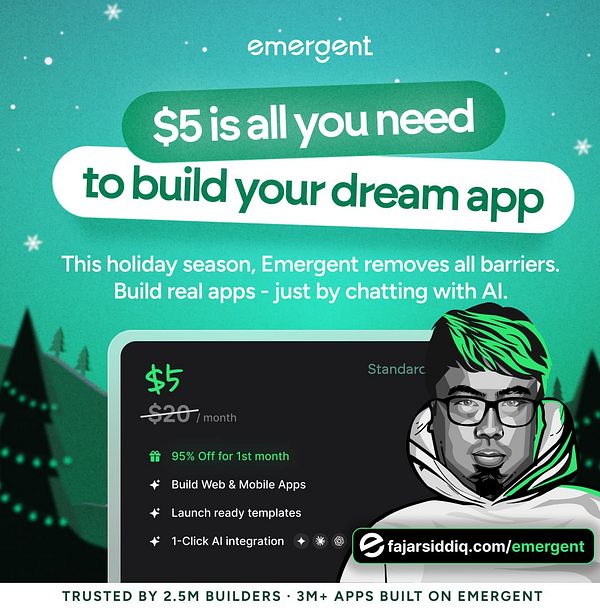 $5 is promoted as the cost to build apps using Emergent, highlighting a special holiday offer.
