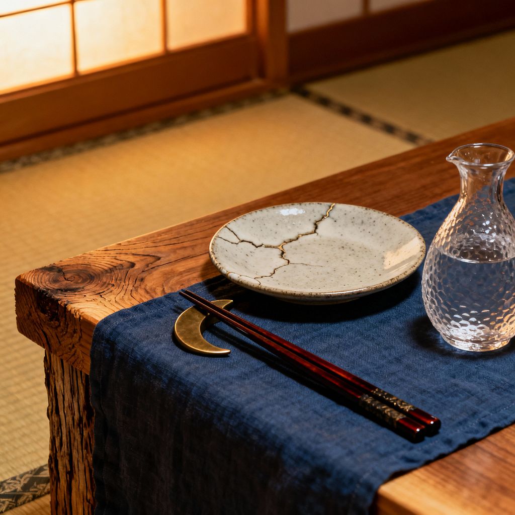 A close-up of a Japanese-style dining setting shows a low, rustic wood table beside tatami mats and softly lit shoji screens. An indigo linen runner holds a speckled ceramic plate repaired with gold kintsugi seams, a brass crescent chopstick rest with dark red lacquered chopsticks, and a clear dimpled glass carafe, all arranged with minimal clutter and warm ambient light to convey a calm, wabi-sabi-inspired atmosphere.