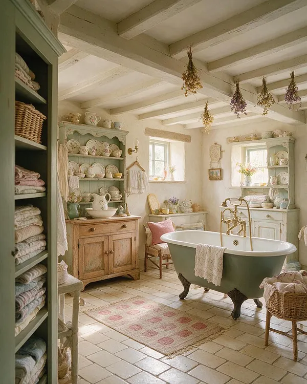 A bright cottagecore master bathroom with a green clawfoot bathtub centered on a cream tile floor, brass fixtures, and dried flowers hanging from exposed white ceiling beams. Open cabinets display floral china, woven baskets, folded towels, and vintage decor in soft sage, cream, pink, and natural wood tones.