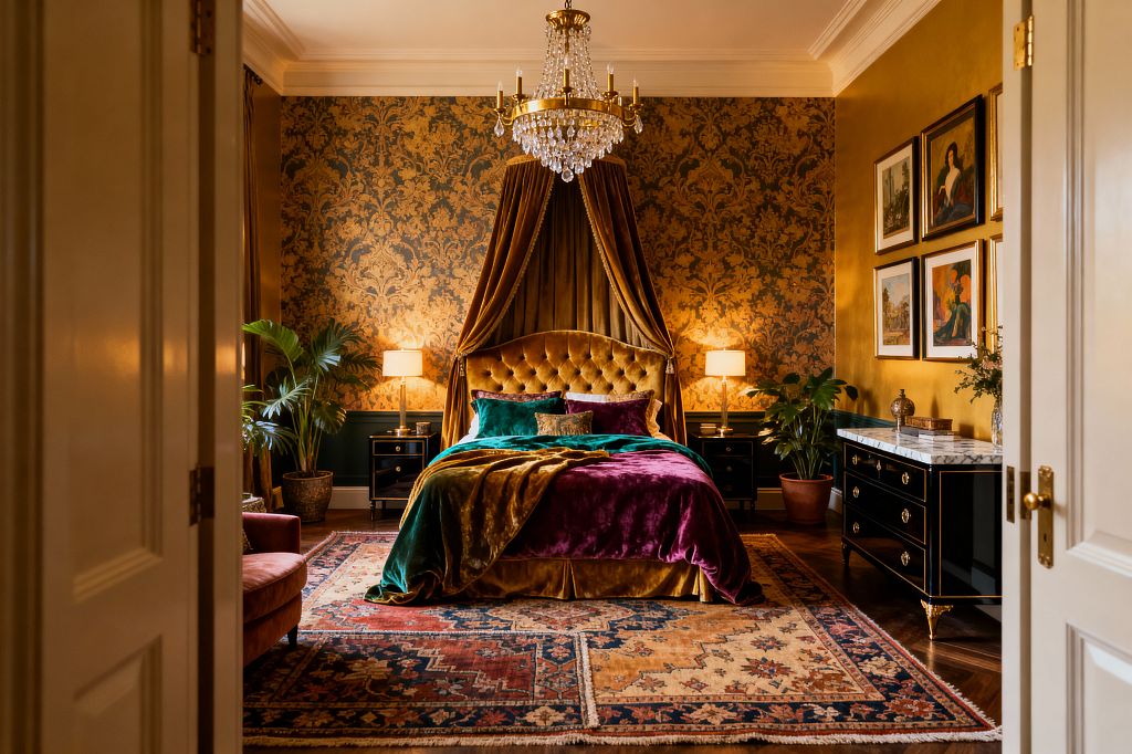 View through double doors to a maximalist bedroom with a tufted mustard velvet bed beneath a matching canopy, set against gold-and-teal damask wallpaper and dark green wainscoting. A brass and crystal chandelier hangs above; black lacquer nightstands with brass pulls hold warm lamps. On the right, a marble-topped black dresser and framed art line a gold wall. Lush plants, a vintage Persian rug, and herringbone wood floors add layers of pattern and texture.