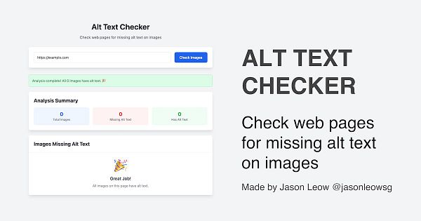 The image displays a web interface for the Alt Text Checker tool, showcasing its features and analysis results.