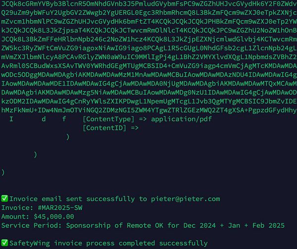 The image displays a terminal output indicating the successful sending of an invoice email.