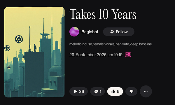 The image features a music recommendation interface for a song titled 'Takes 10 Years' by Beginbot.