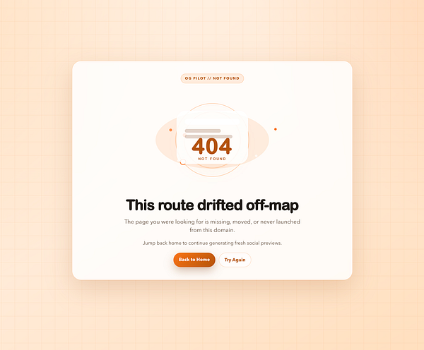 Redesigned 404 error page featuring a minimalist circular logo, the '404' error code, and a navigation link styled according to branding guidelines.