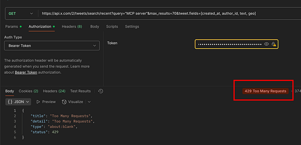 The image displays an API request interface showing an error message for too many requests.
