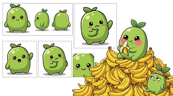 Animated digital cartoon showing a boy and a girl playing volleyball on a sandy beach with mountains in the background.