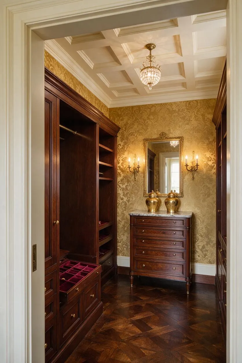 A traditional walk-in closet with dark cherry built-ins, gold damask wallpaper, and a coffered white ceiling with a small crystal chandelier. A marble-topped chest sits against the far wall beneath a framed mirror and wall sconces, while the herringbone wood floor adds warmth and formality.