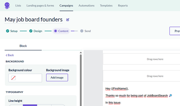 The image displays a user interface for creating a newsletter campaign titled 'May job board founders'.