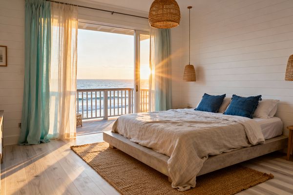 A serene coastal bedroom with white shiplap walls features a low platform bed dressed in sandy linen and two deep blue pillows. Woven rattan pendants flank the bed, a chunky jute rug rests on light oak floors, and sheer aqua-and-ivory curtains frame sliding glass doors opening to a balcony with ocean views at sunset, filling the space with warm natural light.