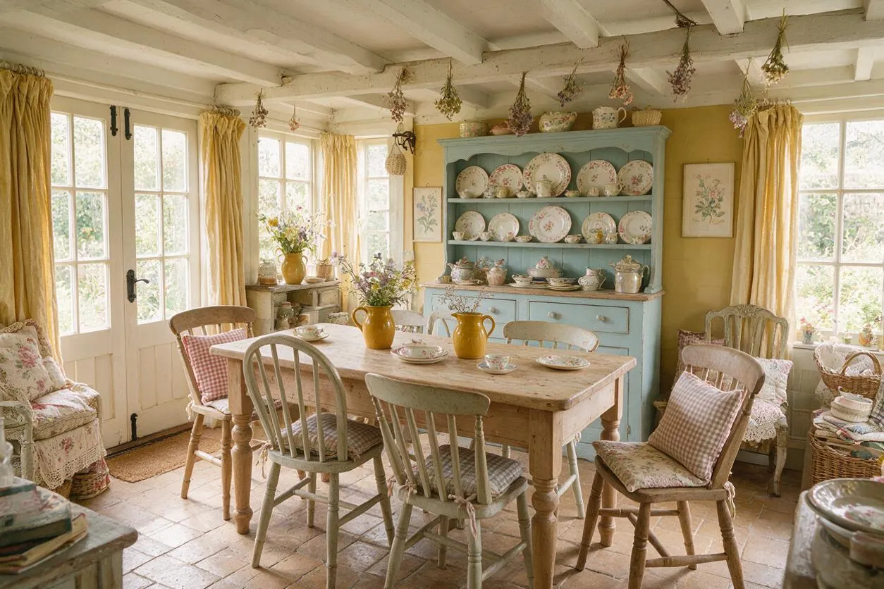 A cozy cottagecore backyard room with a rustic wooden dining table, mismatched painted chairs, and a blue hutch filled with floral china. Yellow walls, white ceiling beams, glass doors, and soft curtains create a warm, light-filled garden-room atmosphere.