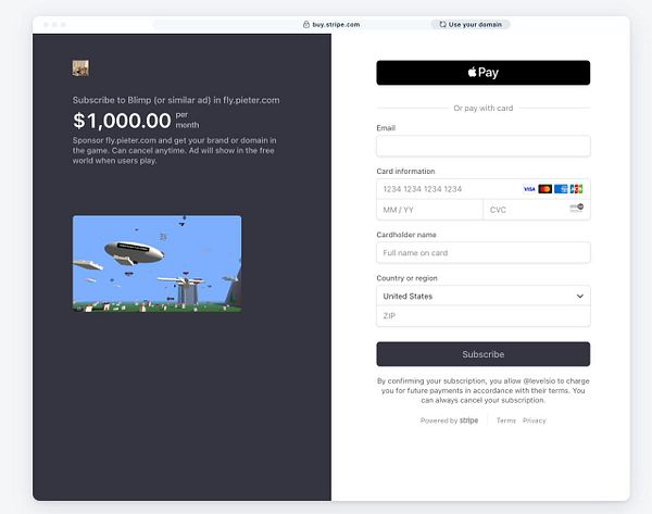 The image displays a Stripe checkout interface for subscribing to a blimp advertising service.