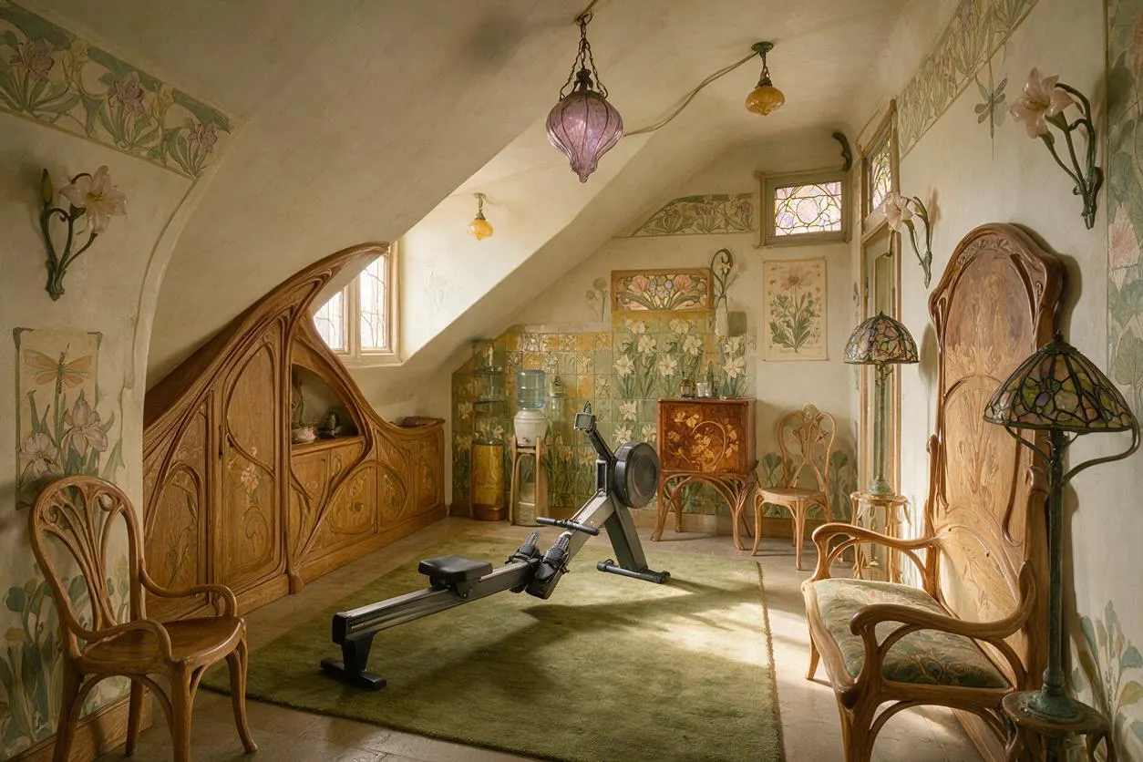 A cozy attic home gym styled in Art Nouveau design, featuring a rowing machine on a green rug, carved wood cabinetry, floral wall murals, stained-glass pendant lights, and curved wooden chairs. The sloped ceiling and warm natural light create an elegant, vintage-inspired workout space.