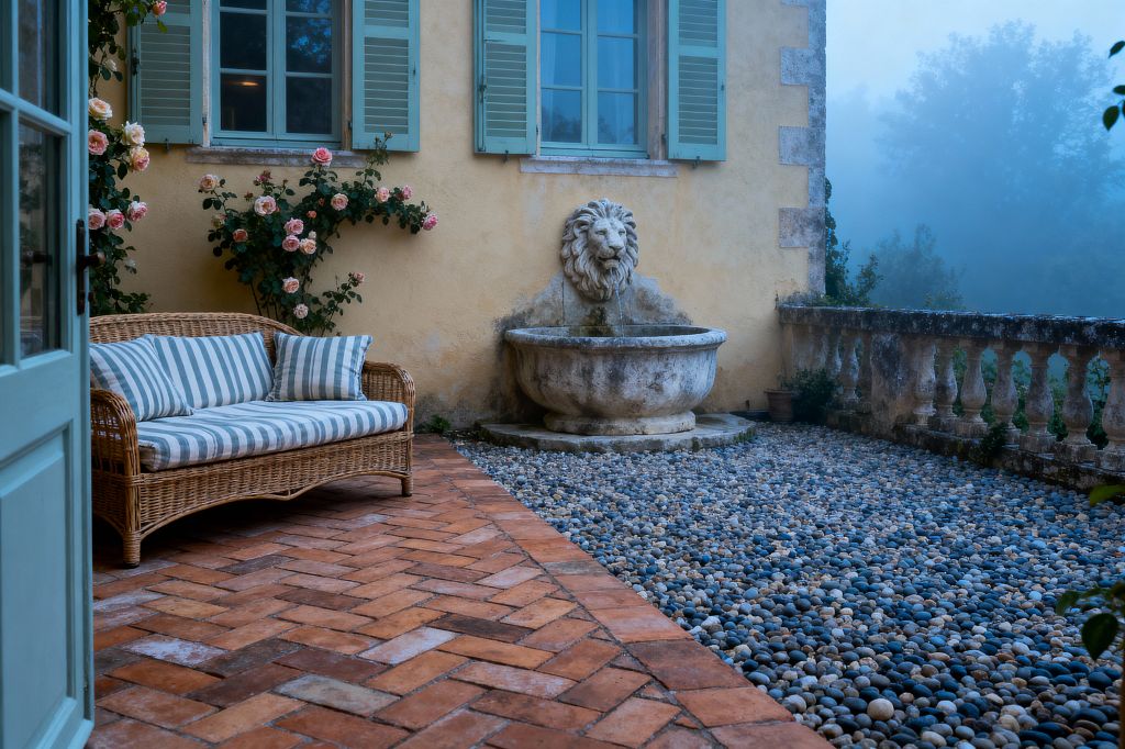 An outdoor patio of a French country home features herringbone terracotta brick paving beside a bed of smooth river pebbles, bordered by a weathered stone balustrade, while a carved lion-head wall fountain trickles into a round basin against a warm stucco wall with sage shutters. A wicker sofa with blue-and-white striped cushions sits near climbing pink roses, with misty landscape beyond creating a timeworn, romantic atmosphere.
