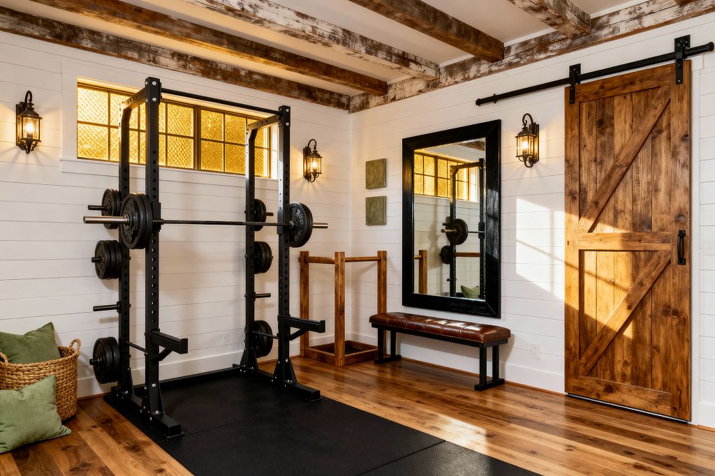 A farmhouse-style home gym features white shiplap walls, distressed wood ceiling beams, and a sliding barn door on black hardware. A matte-black power rack sits on rubber mats beside a large black-framed mirror, a brown leather bench, lantern wall sconces, and an amber clerestory window; wide-plank hardwood floors and a woven basket with green pillows complete the warm, rustic look.