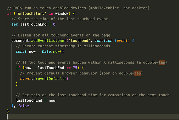 The image displays a code snippet addressing touch event handling for mobile devices.