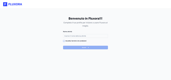 The image displays a welcome screen for the Fluxora platform, prompting users to complete their profile.