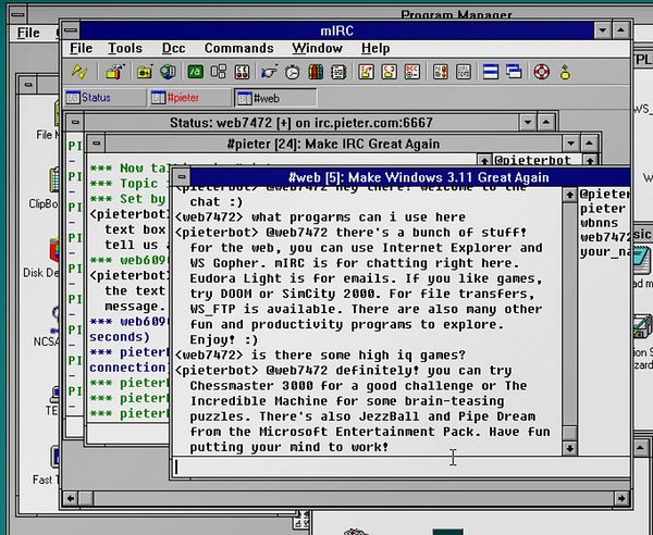 The image displays a chat interface from the mIRC application running on Windows 3.11, featuring a conversation about available applications.