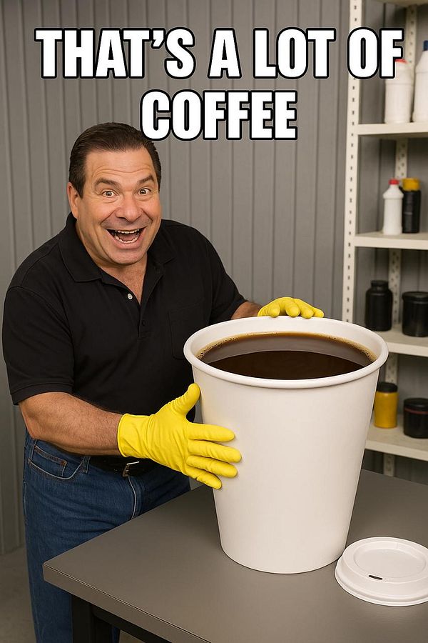 A man excitedly holds a large cup of coffee while wearing yellow gloves.