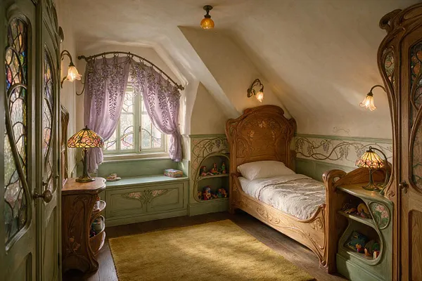 A cozy kids' room with an Art Nouveau style features a carved wooden bed, arched cabinetry, and floral wall details. Soft lavender curtains, stained-glass lamps, and sage-green built-ins create a whimsical, handcrafted atmosphere under a sloped ceiling.