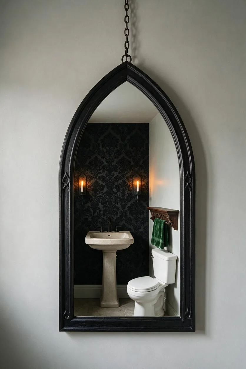A small powder room is framed by a tall black Gothic-arched mirror hanging from a chain. Inside the reflected space are dark damask wallpaper, two candle-style wall sconces, a pedestal sink, a white toilet, and a wooden shelf with a green towel, creating a moody, old-world atmosphere.