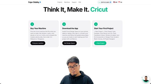Webpage from Fajar Siddiq promoting Cricut machines with steps to get started.