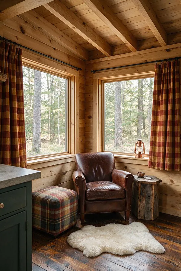 A rustic sunroom with knotty wood plank walls and exposed ceiling beams, two large windows framed by red and gold plaid curtains, and a brown leather armchair centered between them. A plaid ottoman, small stump side table, white shag rug, and a forest view outside create a warm cabin-like retreat.