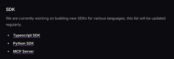 The image displays a task list for new SDKs being developed in Typescript, Python, and MCP.