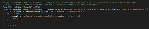 A code snippet addressing error handling for deleted posts in a programming context.