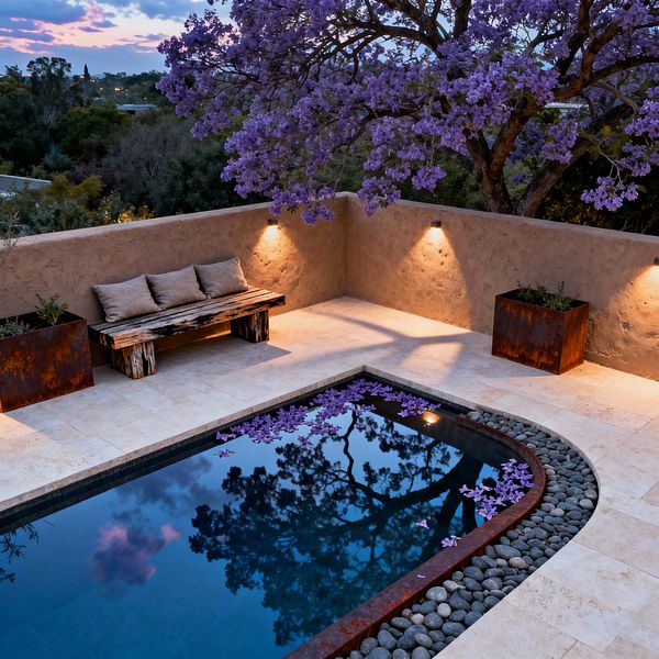 A compact outdoor patio at dusk features a rectangular plunge pool edged in rusted steel and bordered by smooth gray river stones, reflecting a flowering jacaranda tree overhead. Cream travertine pavers, tan textured stucco walls with warm downlights, a weathered wood bench with neutral cushions, and two large Corten steel planters complete the natural, calming setting, with purple petals floating on the water.