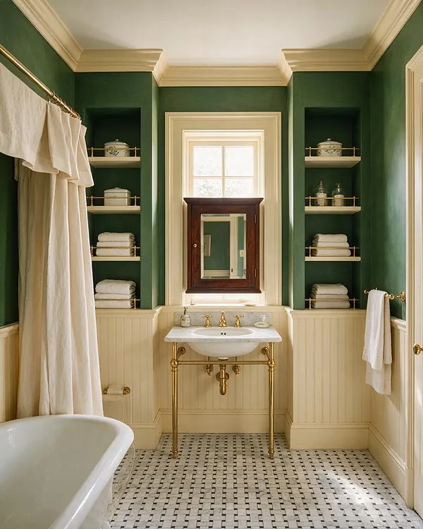 A traditional master bathroom with deep green walls, cream trim, and a centered white sink beneath a small window. Built-in niches with folded towels and ceramics flank the vanity, while a brass shower curtain rod, brass plumbing, and a black-and-white mosaic floor add classic detail.