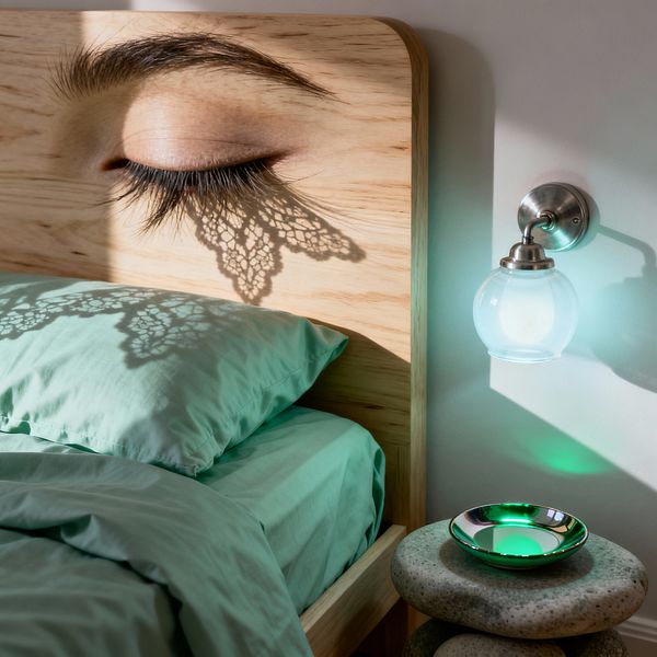 Close-up of a surreal bedroom corner featuring a light wood headboard printed with a closed eye; long lashes cast a lace-like shadow across mint green sheets and pillow. To the right, a brushed nickel wall sconce with a frosted globe emits a soft green glow on a white wall. A stacked stone bedside table holds a small chrome dish reflecting emerald light, while daylight sharpens the textures and shadows.