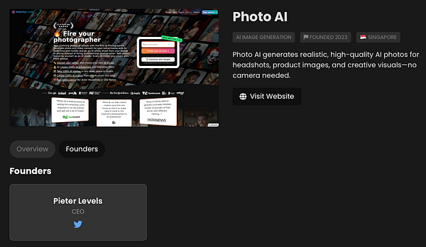 The image features a website interface for a startup called Photo AI, showcasing its AI-generated photography services.