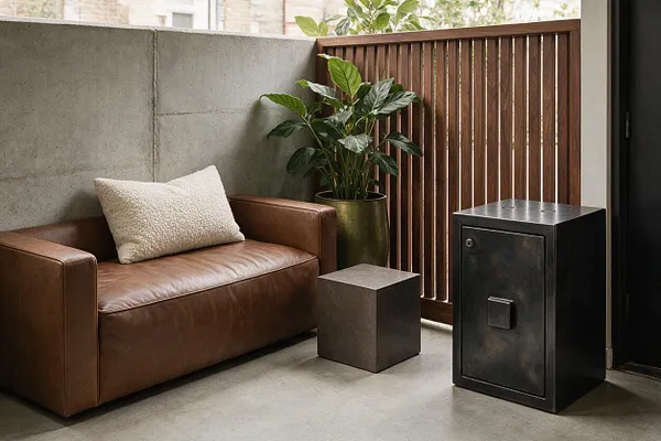 A minimalist front porch features a low brown leather sofa with a textured cream pillow, set against a raw concrete wall. A slatted wood screen, potted greenery, a blocky side table, and a black metal cabinet add warm, industrial contrast.