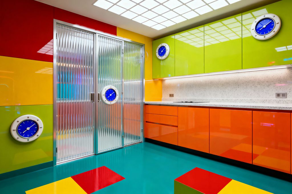 A laundry room with bold, glossy color blocking shows lime green upper cabinets and orange lower drawers under a speckled white countertop with continuous under-cabinet lighting. A teal high-gloss floor with red and yellow squares meets ribbed fluted-glass sliding doors in aluminum frames, while round blue clocks punctuate the walls and cabinetry, and a luminous grid ceiling evenly lights the space.