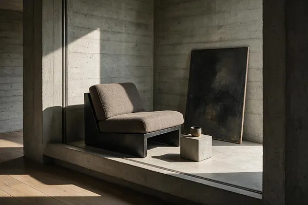 A minimalist Brutalist interior vignette framed by raw concrete walls and floor, with a low lounge chair in taupe upholstery and a dark metal base. A small concrete cube table with a cup and a large leaning abstract painting sit in a sunlit alcove beside warm wood flooring.