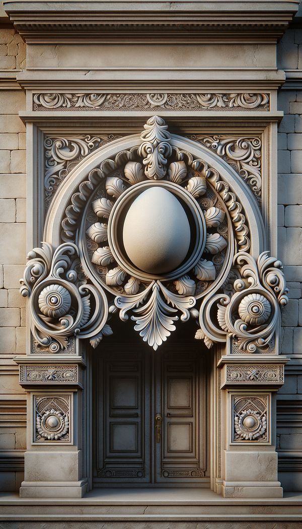 An intricately carved Egg & Dart decorative border framing the doorway of a historical building.