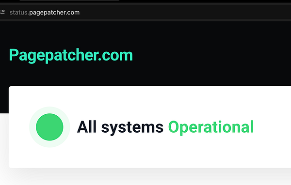 The image displays the status page for Pagepatcher.com, indicating that all systems are operational.