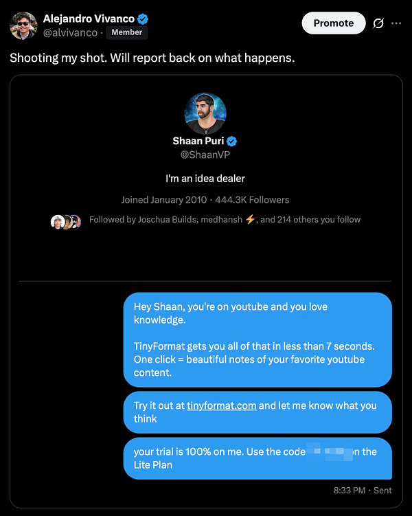 A Twitter conversation where Alejandro Vivanco reaches out to Shaan Puri about a product called TinyFormat.