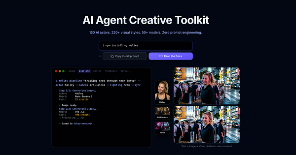 A landing page for Melies Agent Toolkit displayed on a computer screen with colorful interface elements and a person holding a phone.