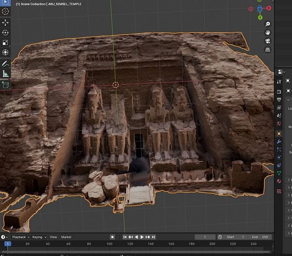 3D model of the Abu Simbel temple complex displayed in a 3D software interface.