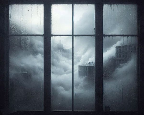 A foggy, atmospheric view through a large window showcasing a desolate landscape shrouded in mist.