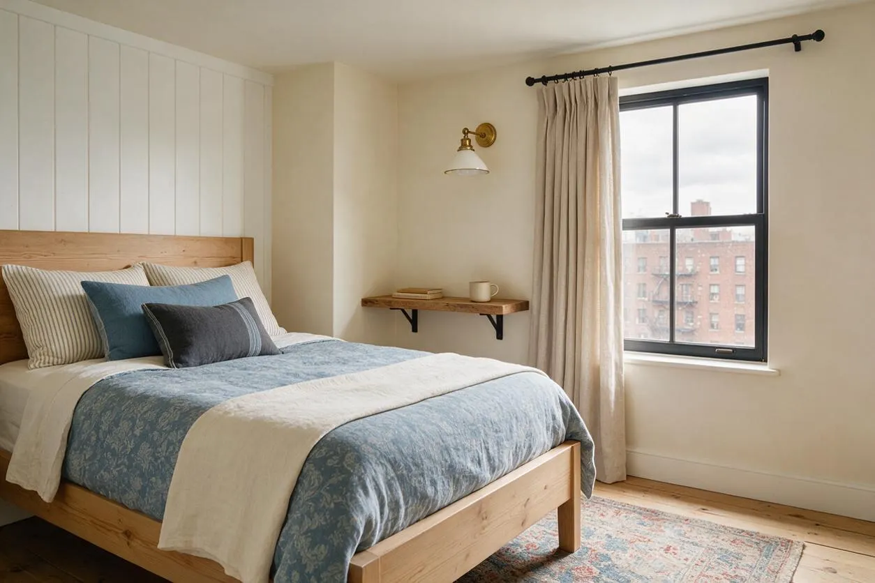 A bright farmhouse-style master bedroom with a natural wood bed frame, white vertical shiplap behind the headboard, and soft blue and gray bedding. Beige curtains frame a black-trimmed window, and a small rustic wood shelf with black brackets and a brass wall sconce add simple, warm details.