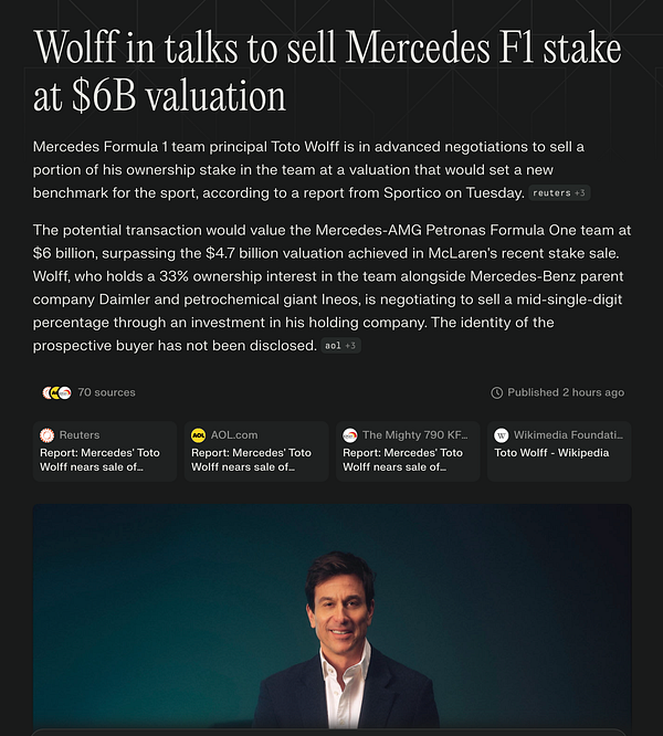 Toto Wolff is in negotiations to sell a portion of his stake in the Mercedes F1 team for a $6 billion valuation.