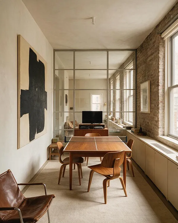 A narrow modern game room features a wooden ping-pong table centered on a light carpet, surrounded by sculpted wood chairs. One wall is exposed brick with tall windows, while the opposite wall is painted white and displays a large abstract black-and-cream artwork. A glass partition, neutral cabinetry, and a small TV complete the refined, minimalist space.