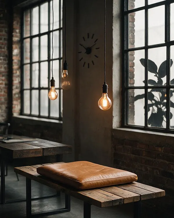 An industrial-style cafe interior with large black-framed windows, exposed brick walls, and three warm Edison bulbs hanging from long cords. Rough wood bench tables with black metal bases sit in the foreground, one topped with a tan leather cushion, creating a moody, minimalist atmosphere.