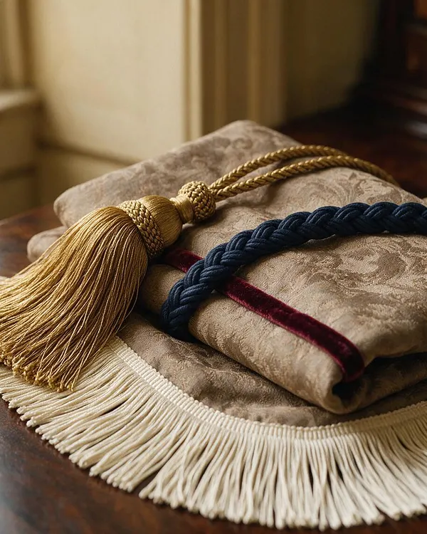 A folded set of traditional textiles rests on a polished wooden surface. The fabric features a muted damask pattern with velvet trim, paired with braided gold and navy tiebacks and long cream fringe accents.